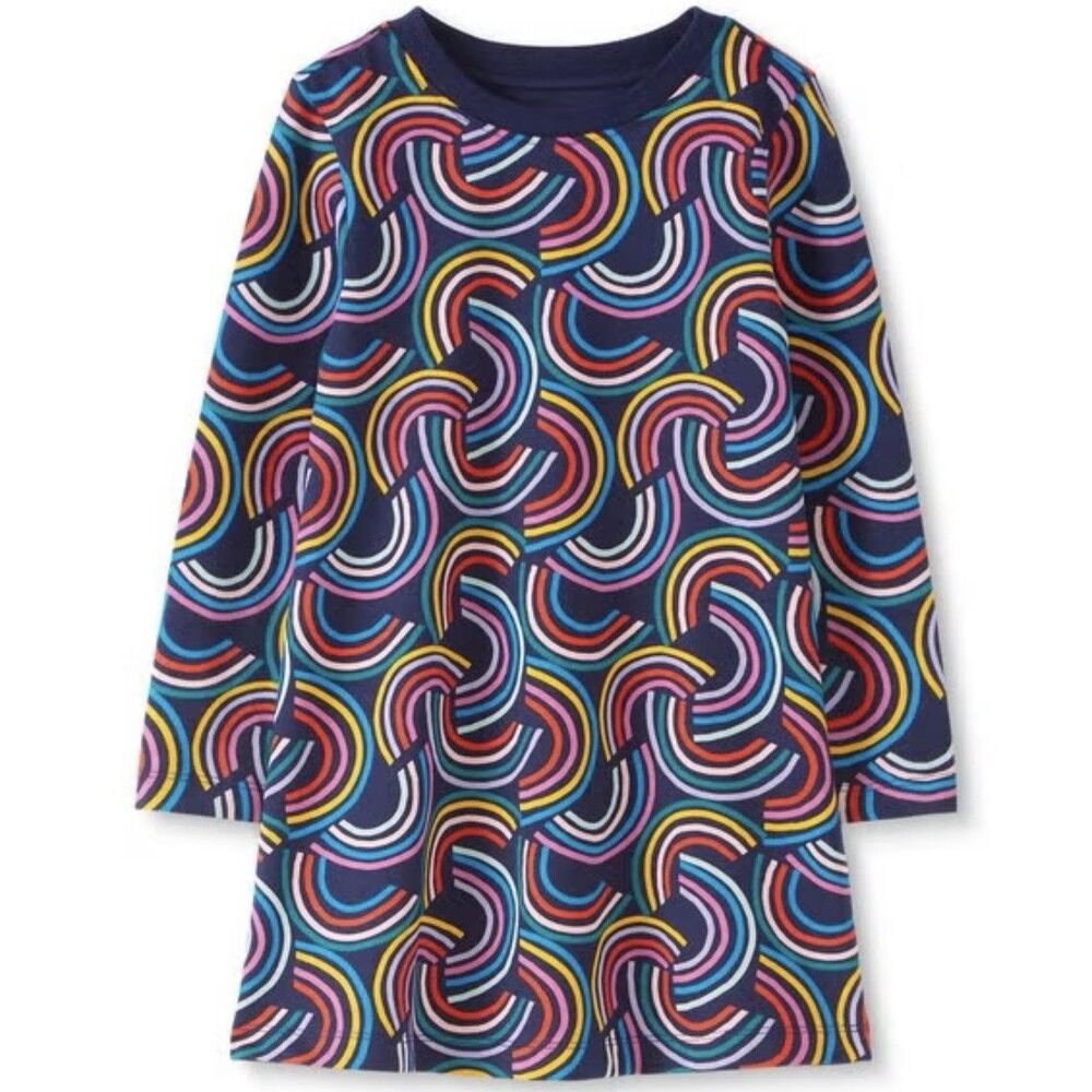 Girl's Hanna Andersson Geo Rainbow Navy Print Long Sleeve T-Shirt Dress 6 - 7